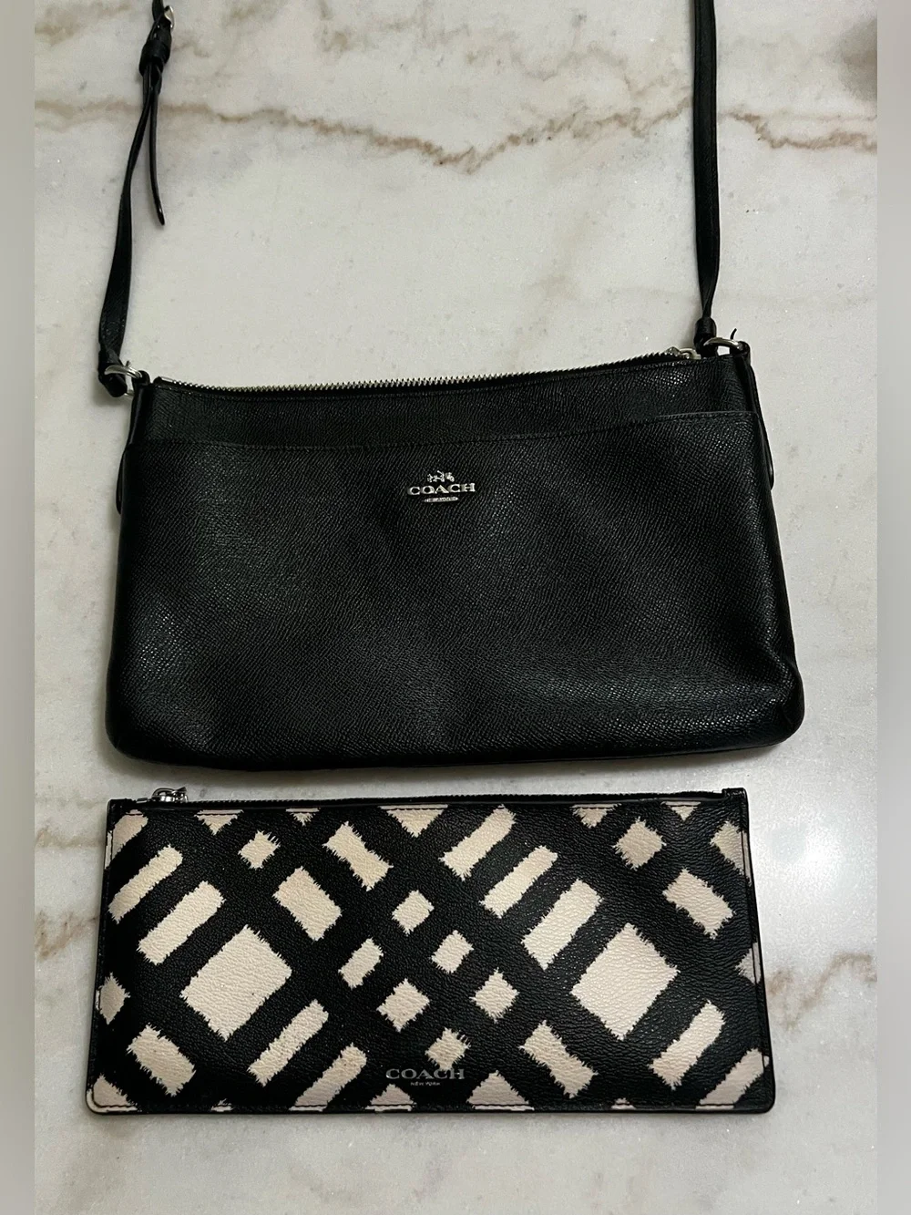 Coach East/West Leather Crossbody With Pop Up Black White Crisscross Print Pouch